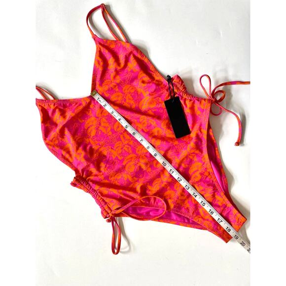 Ed Hardy High Cut‎ One Piece Swimsuit "Lady" Print Orange Pink Tie Size Large - Picture 6 of 10